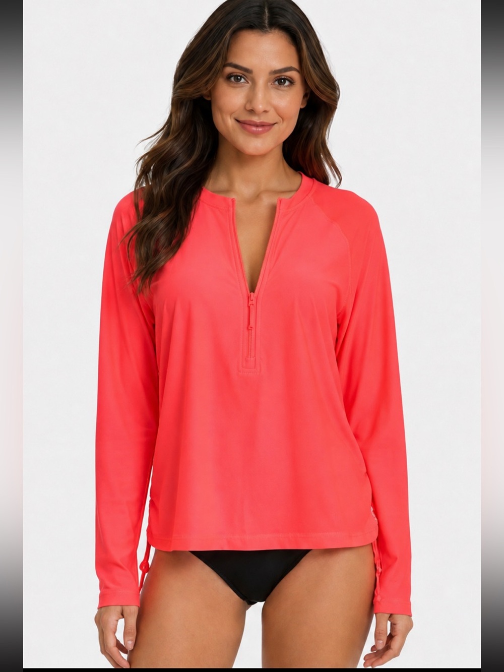 FREE COUNTRY Women’s 1/4 Zip Neon Coral Visibility Rashguard Adjustable Swim Tee